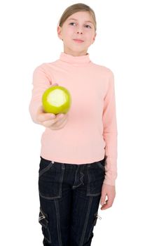 Teenager girl stretches a bite of green apple