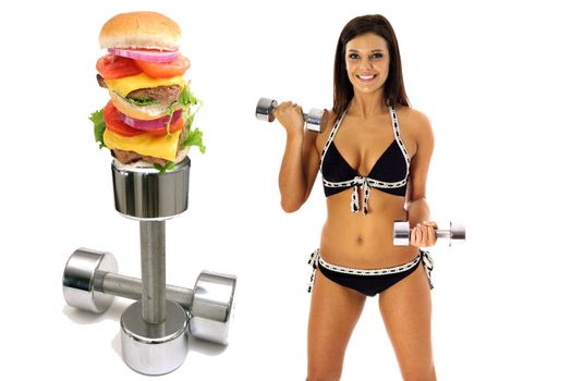 workout burger brunette in bikini exercise