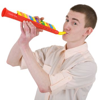 Young man to play the trumpet on the white background