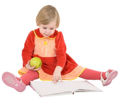 Little girl reads a book on the white background