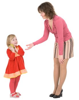 Woman asks green apple beside little girl
