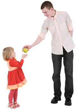 Little girl asks apple beside young man