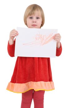 Little girl with drawing on the white background