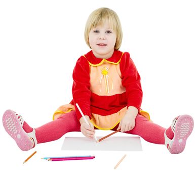 Little girl draws on the white background