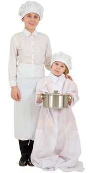 Two girls in garb of the cook on the white background
