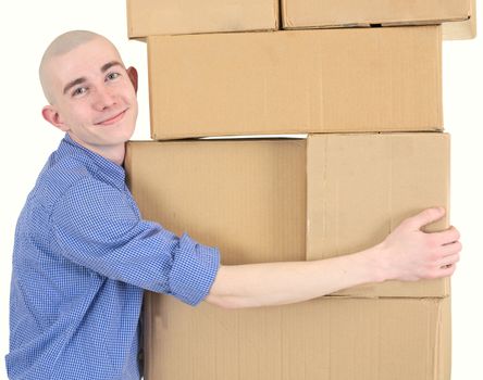 Courier embracing pile carton box on the white