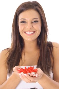 happy latino woman holding flowers