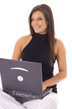 happy woman checking email on laptop vertical angle