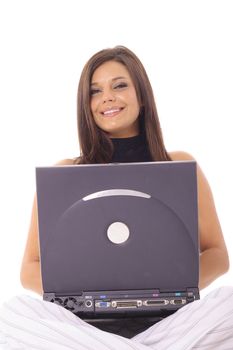 happy woman checking email on laptop vertical
