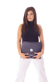 gorgeous model holding a laptop