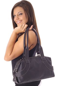 happy model with purse