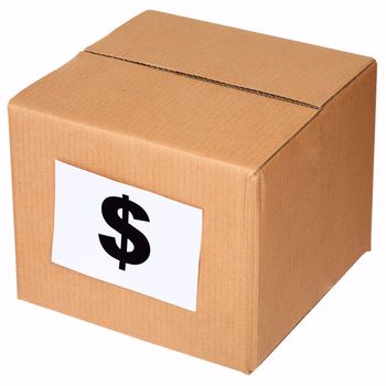 Carton box with sticker sign of the dollar