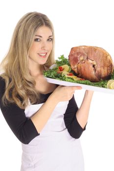 gorgeous woman serving a ham