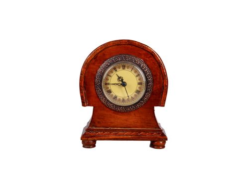 antique wooden clock with roman numerals isolated over white