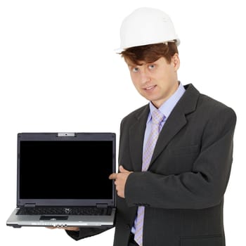 Engineer demonstrates a laptop screen is isolated on a white background