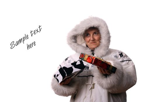 mature woman with gifts over white background