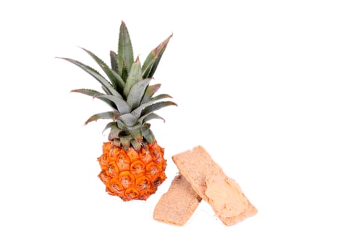 pine apple and toast with cheese or butter isolated over white