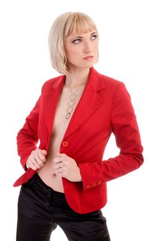 Woman in red jacket on isolated white