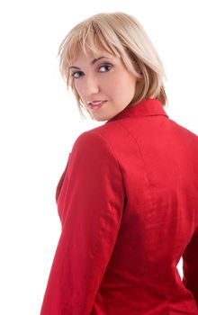 Woman in red jacket on isolated white