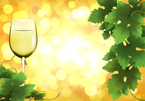 white wine and grape leaves on bokeh background