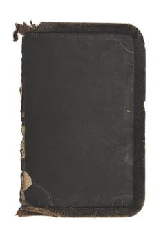 The inside of a deeply textured and very worn old black leather book cover. Old leather around the edges, revealing worn, creased and torn cardboard.