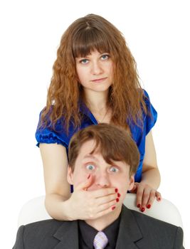 Young woman closed her mouth to the man