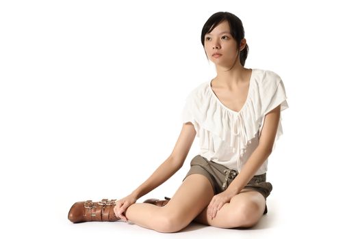 Solitude woman of Asian in style sit on ground, full length portrait isolated on white.