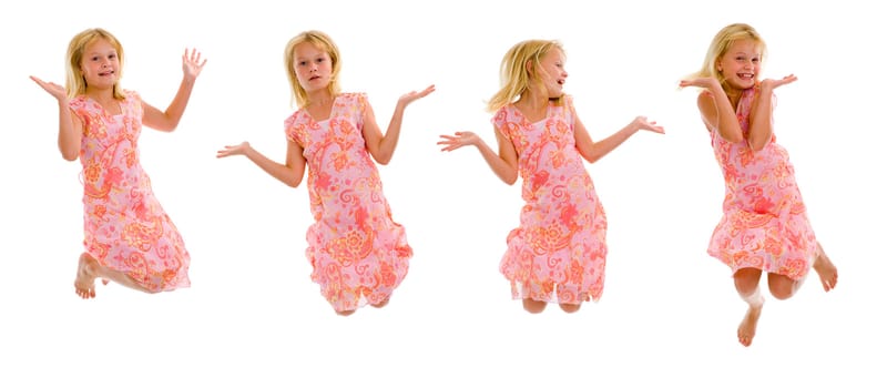 little girl jumping on a white background