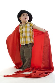 sweet thai-english boy with hat and red silk fabric, isolated on white