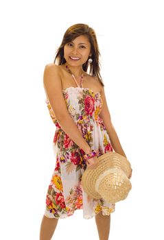 beautiful asian woman with straw hat in her hand, isolated on white