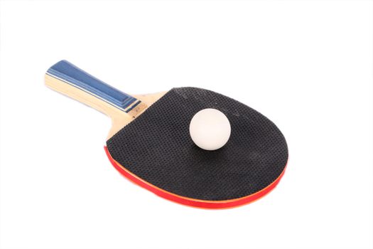 racet for ping-pong and white ball isolated over white