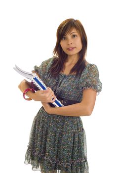 beautiful asian student with notebooks, isolated on white