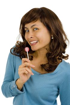 asian beauty with lollipop, isolated on white