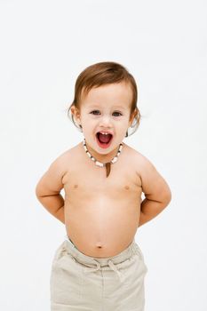 Cute topless toddler boy with necklace open mouth and hands behind back, isolated