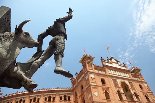 Madrid Landmark. Bullfighter sculpture in front of Bullfighting arena Plaza de Toros de Las Ventas in Madrid, a touristic sightseeing of Spain.
