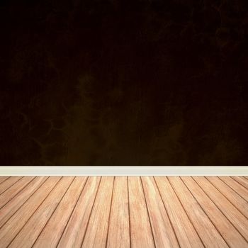 An empty room interior backdrop with hard wood flooring and a brown grungy wall.