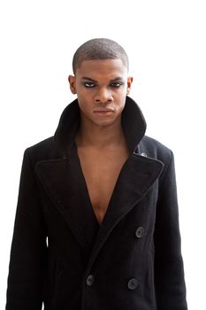 African man with smokey eyes, strong expression and black coat open showing chest, isolated