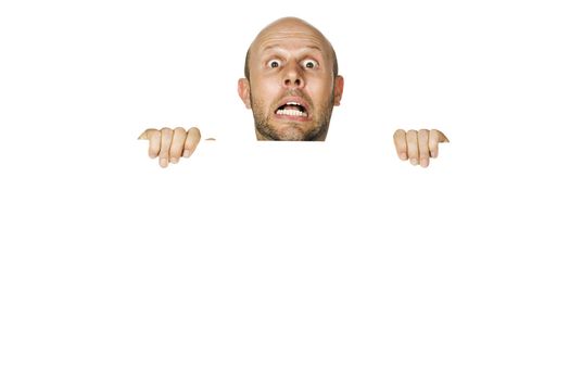 A great portrait of a frightened or scared man. Isolated on white.