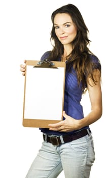 A beautiful brunette smiling and holding a wooden clipboard with a blank piece of paper