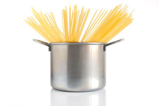 group of spaghetti inside a pot isolated on white background
