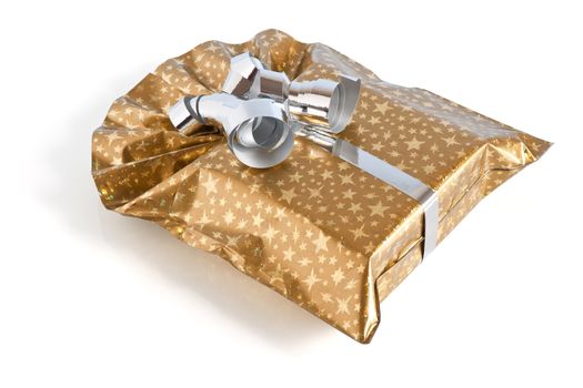 golden gift box with silver ribbon isolated on white background with clipping path