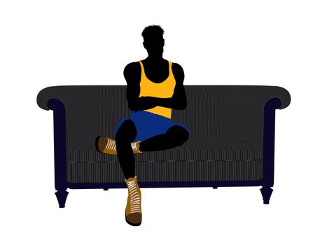 Male Athlete sitting on a sofa silhouette on a white background