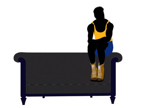 Male Athlete sitting on a sofa silhouette on a white background