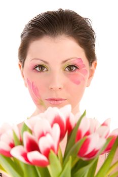 Woman head and tulips on isolated white background