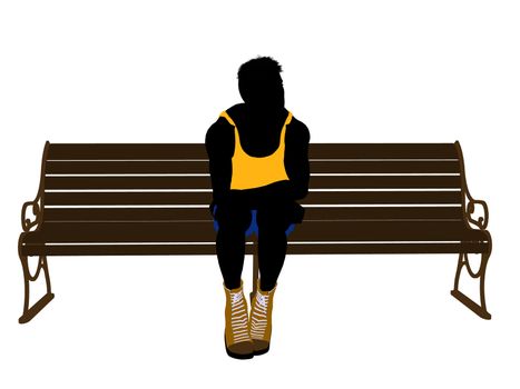 Male athlete sitting on a bench silhouette on a white background