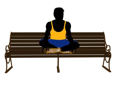 Male athlete sitting on a bench silhouette on a white background