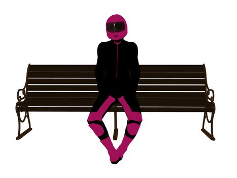 A female motorcycle rider sitting on a bench silhouette on a white background