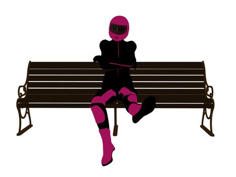 A female motorcycle rider sitting on a bench silhouette on a white background