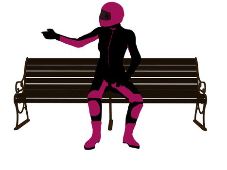 A female motorcycle rider sitting on a bench silhouette on a white background