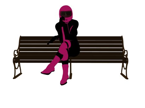 A female motorcycle rider sitting on a bench silhouette on a white background